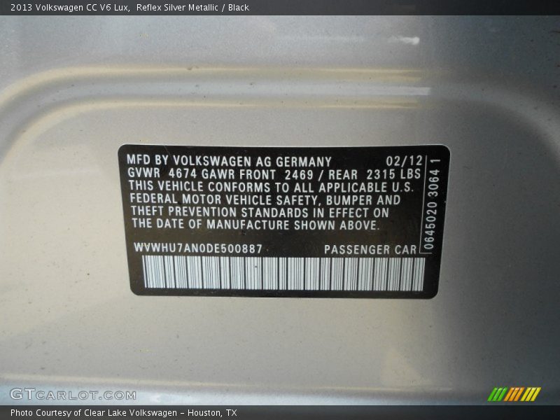 Reflex Silver Metallic / Black 2013 Volkswagen CC V6 Lux