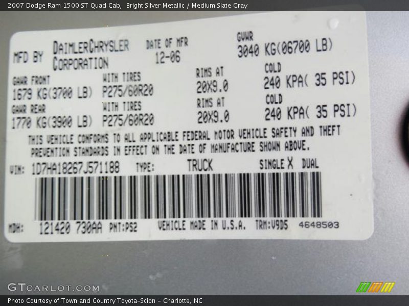 Bright Silver Metallic / Medium Slate Gray 2007 Dodge Ram 1500 ST Quad Cab