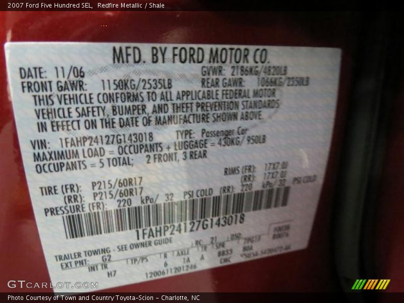 2007 Five Hundred SEL Redfire Metallic Color Code G2