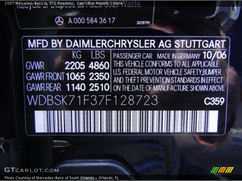 2007 SL 550 Roadster Capri Blue Metallic Color Code 359