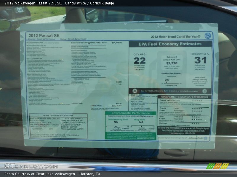 Candy White / Cornsilk Beige 2012 Volkswagen Passat 2.5L SE