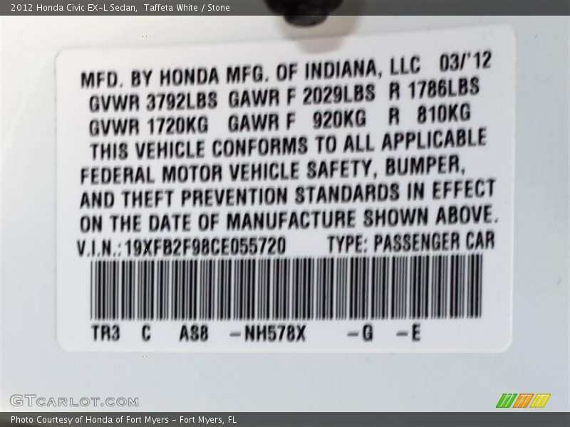 Taffeta White / Stone 2012 Honda Civic EX-L Sedan