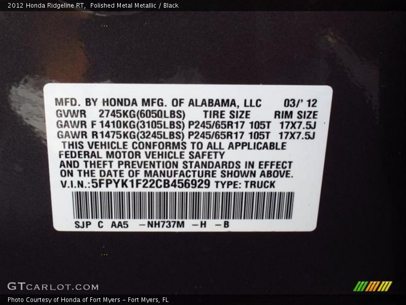 2012 Ridgeline RT Polished Metal Metallic Color Code NH737M