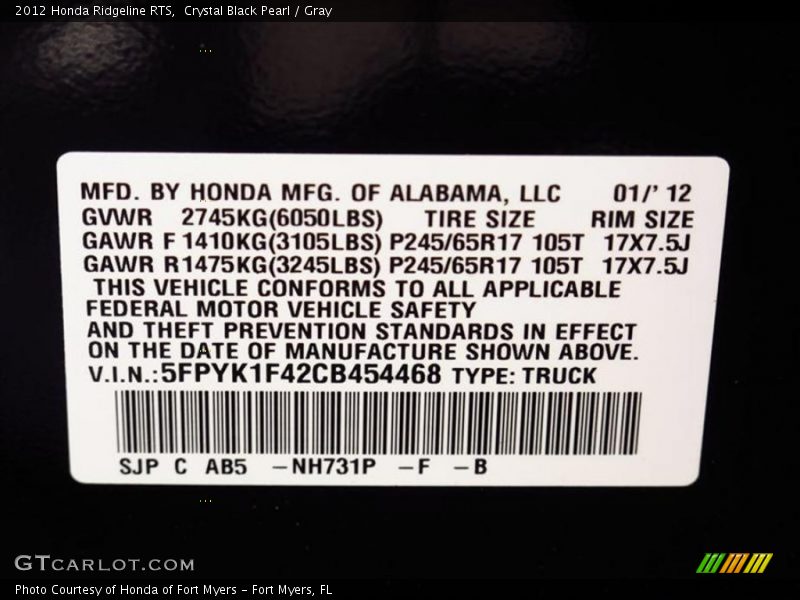 2012 Ridgeline RTS Crystal Black Pearl Color Code NH731P