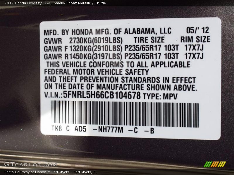 Smoky Topaz Metallic / Truffle 2012 Honda Odyssey EX-L