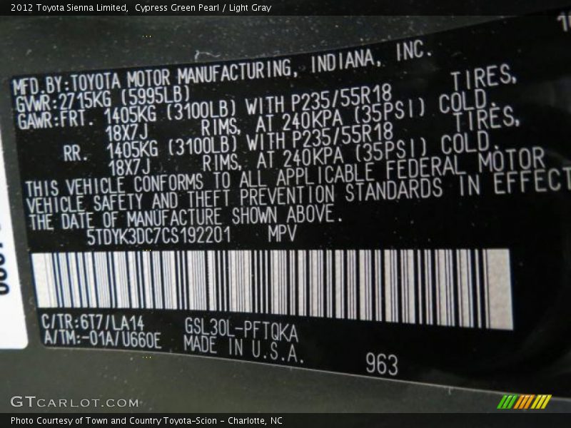 2012 Sienna Limited Cypress Green Pearl Color Code 6T7