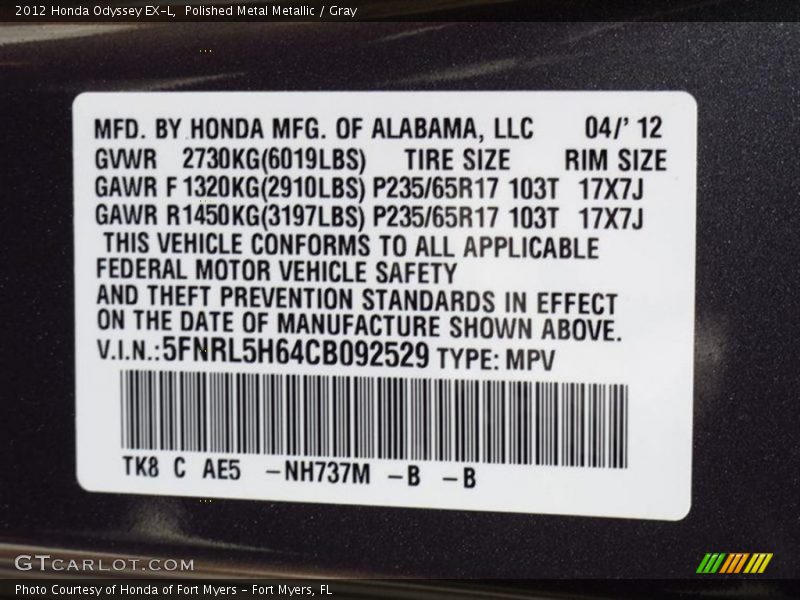 Polished Metal Metallic / Gray 2012 Honda Odyssey EX-L