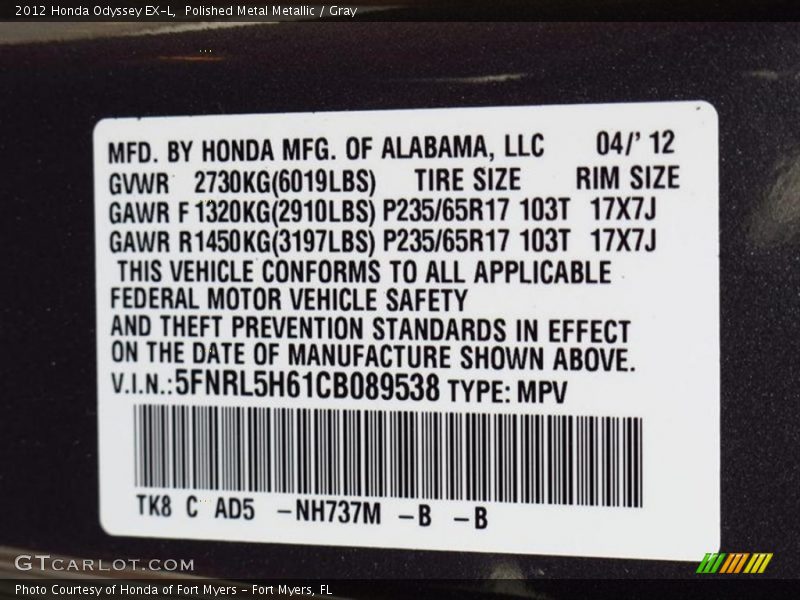 Polished Metal Metallic / Gray 2012 Honda Odyssey EX-L