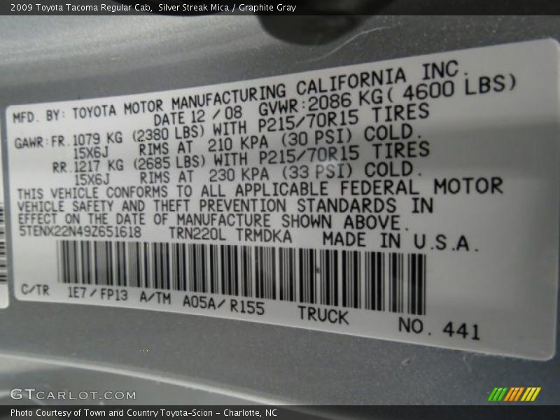 Silver Streak Mica / Graphite Gray 2009 Toyota Tacoma Regular Cab