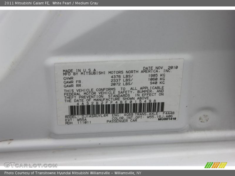 White Pearl / Medium Gray 2011 Mitsubishi Galant FE