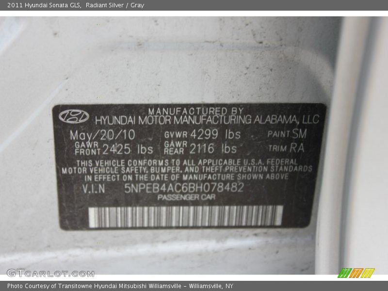 Radiant Silver / Gray 2011 Hyundai Sonata GLS