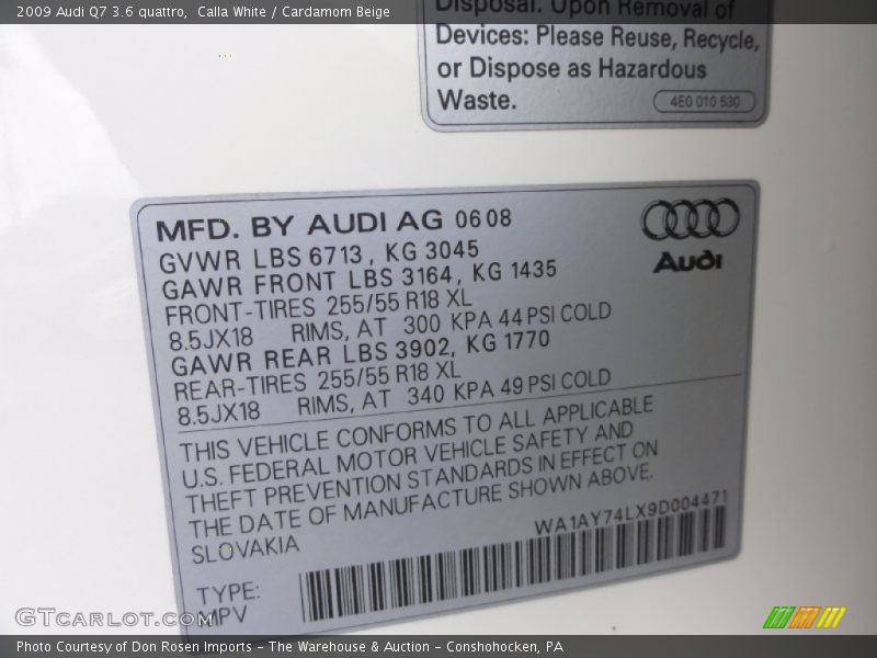 Calla White / Cardamom Beige 2009 Audi Q7 3.6 quattro
