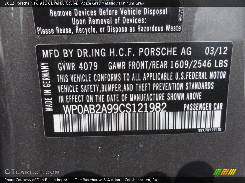 Agate Grey Metallic / Platinum Grey 2012 Porsche New 911 Carrera S Coupe