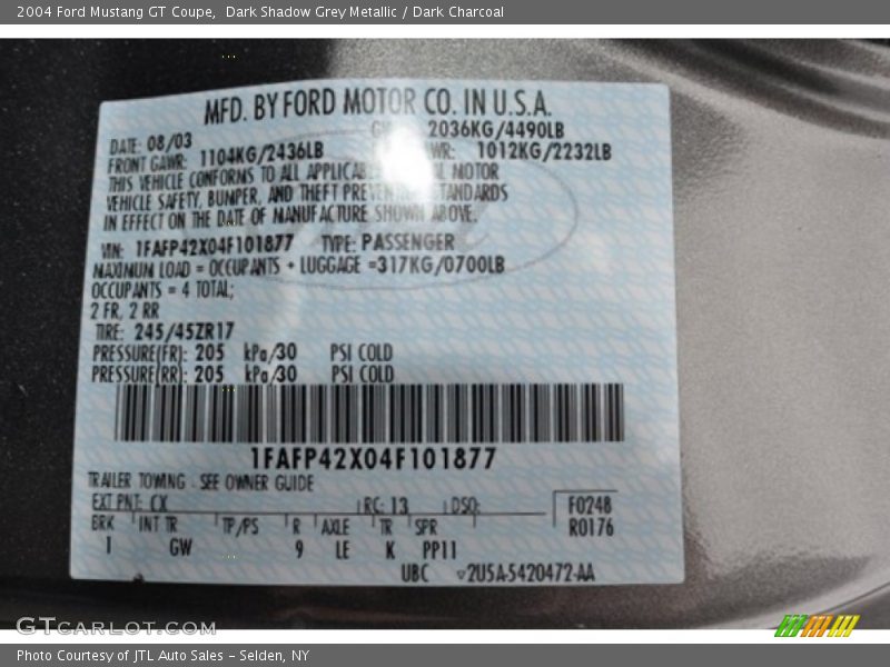 2004 Mustang GT Coupe Dark Shadow Grey Metallic Color Code CX