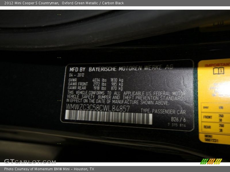 2012 Cooper S Countryman Oxford Green Metallic Color Code B26