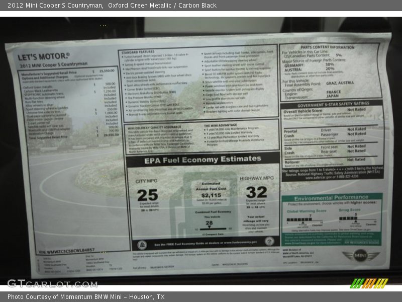  2012 Cooper S Countryman Window Sticker