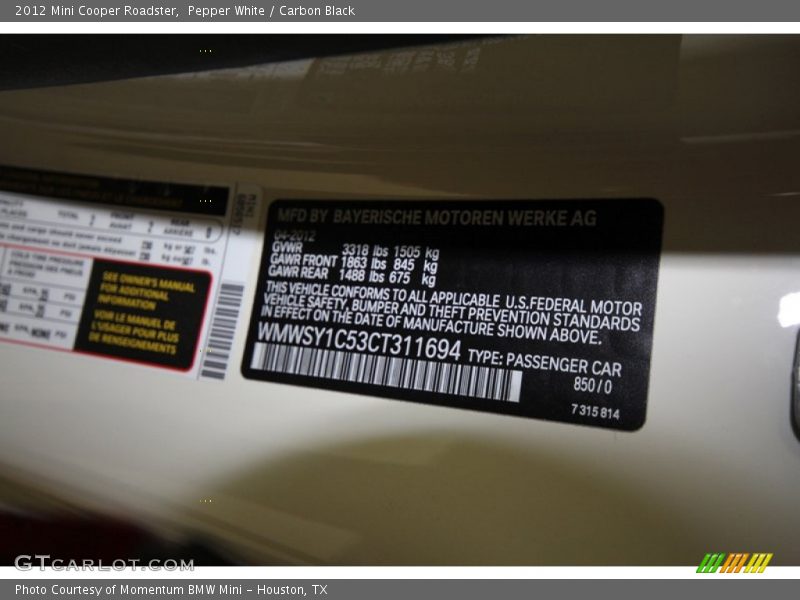 Pepper White / Carbon Black 2012 Mini Cooper Roadster
