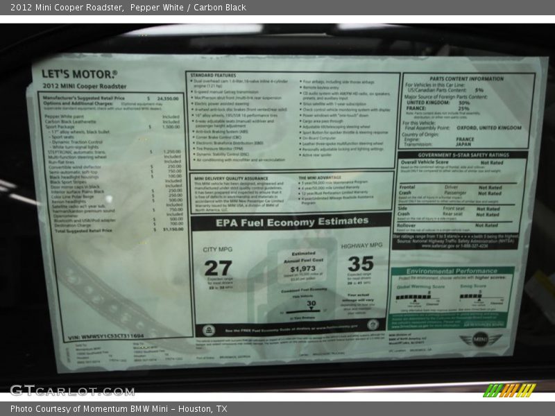 Pepper White / Carbon Black 2012 Mini Cooper Roadster