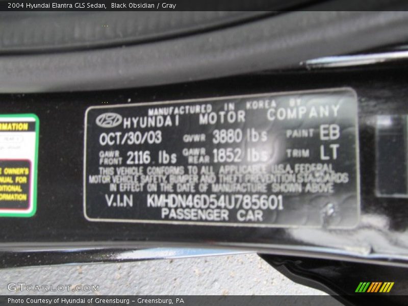Black Obsidian / Gray 2004 Hyundai Elantra GLS Sedan