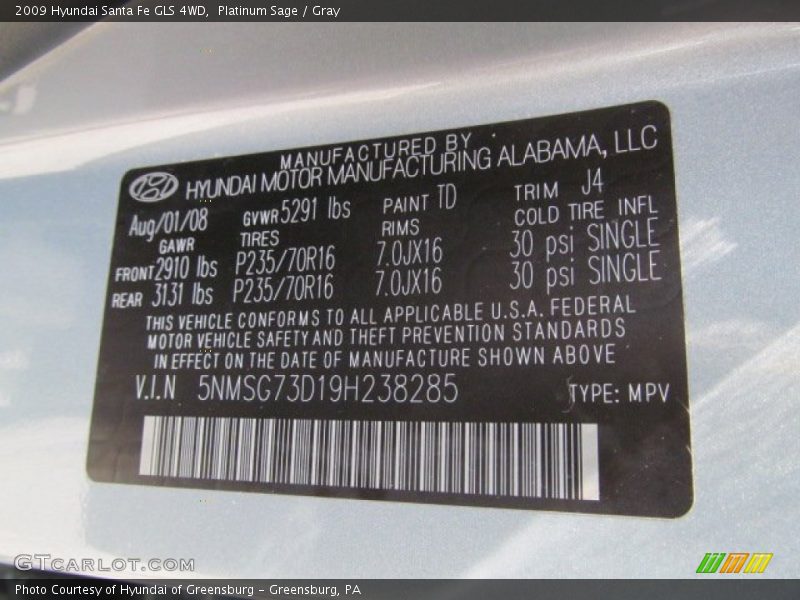 Platinum Sage / Gray 2009 Hyundai Santa Fe GLS 4WD