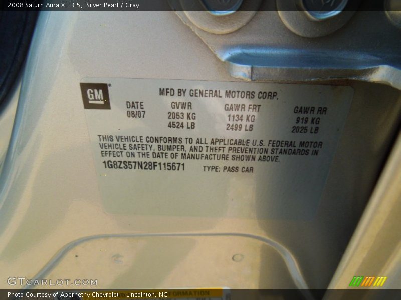Silver Pearl / Gray 2008 Saturn Aura XE 3.5