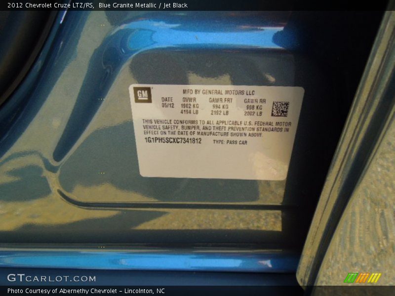 Blue Granite Metallic / Jet Black 2012 Chevrolet Cruze LTZ/RS