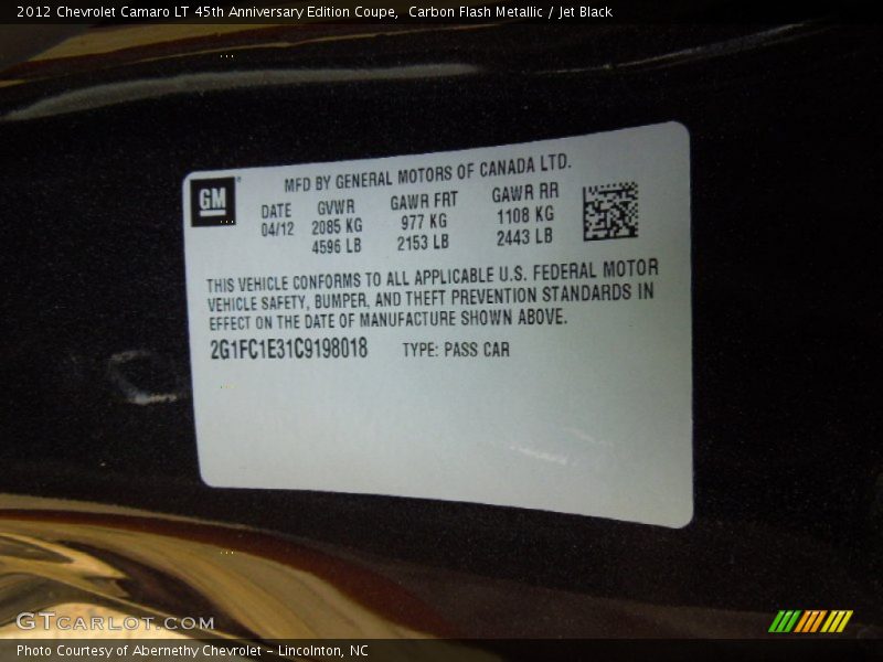 Carbon Flash Metallic / Jet Black 2012 Chevrolet Camaro LT 45th Anniversary Edition Coupe
