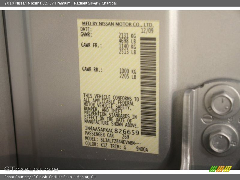 2010 Maxima 3.5 SV Premium Radiant Silver Color Code K12