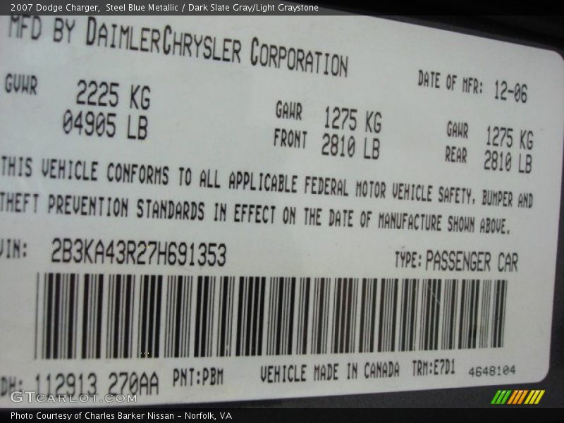 Steel Blue Metallic / Dark Slate Gray/Light Graystone 2007 Dodge Charger