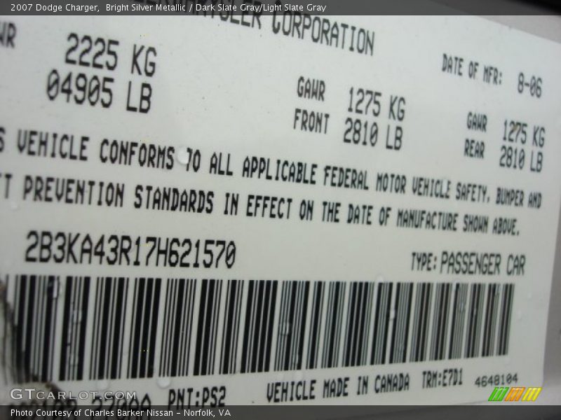 Bright Silver Metallic / Dark Slate Gray/Light Slate Gray 2007 Dodge Charger