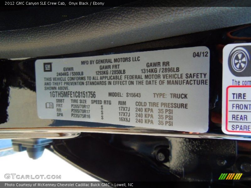 Onyx Black / Ebony 2012 GMC Canyon SLE Crew Cab