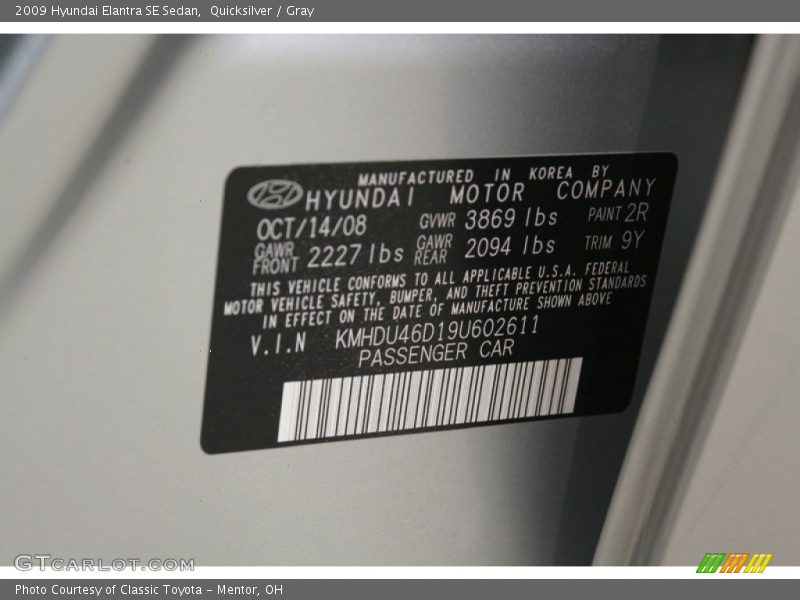 Quicksilver / Gray 2009 Hyundai Elantra SE Sedan