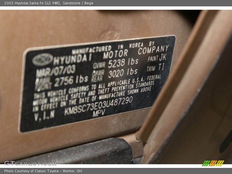 2003 Santa Fe GLS 4WD Sandstone Color Code JK