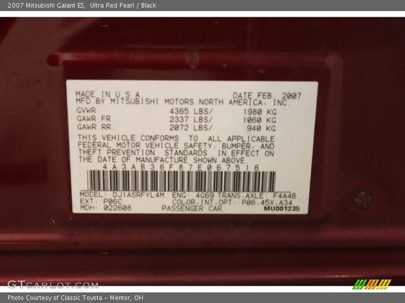 2007 Galant ES Ultra Red Pearl Color Code P06C