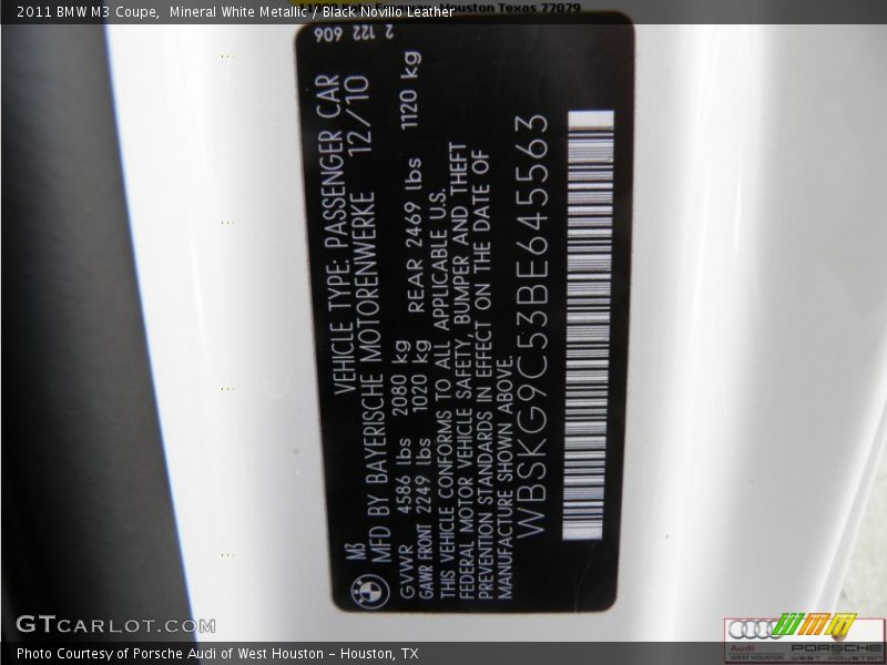 Mineral White Metallic / Black Novillo Leather 2011 BMW M3 Coupe