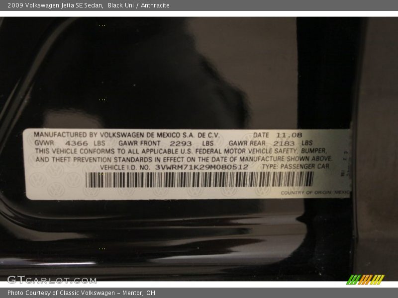 Black Uni / Anthracite 2009 Volkswagen Jetta SE Sedan