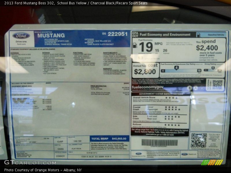  2013 Mustang Boss 302 Window Sticker