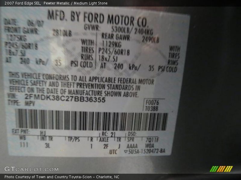 Pewter Metallic / Medium Light Stone 2007 Ford Edge SEL