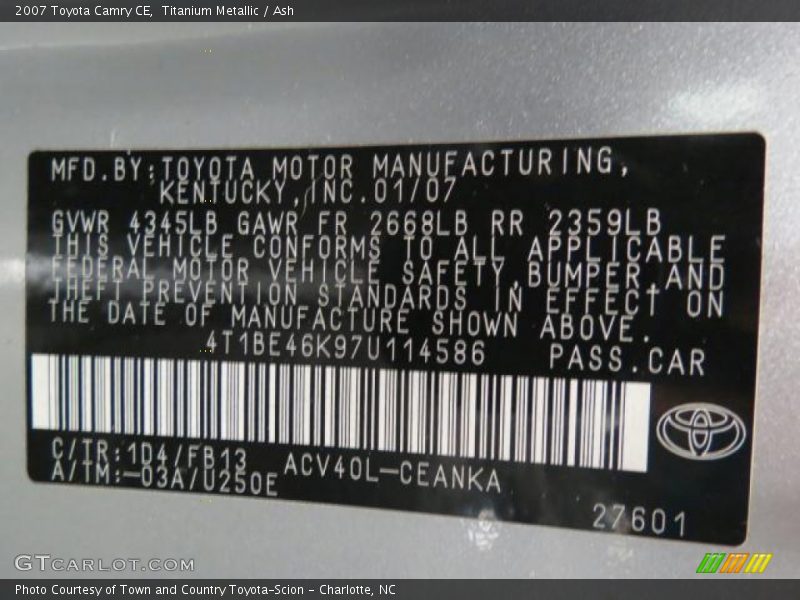 Titanium Metallic / Ash 2007 Toyota Camry CE