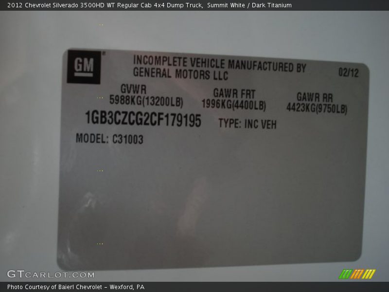 Summit White / Dark Titanium 2012 Chevrolet Silverado 3500HD WT Regular Cab 4x4 Dump Truck