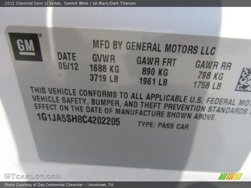 Summit White / Jet Black/Dark Titanium 2012 Chevrolet Sonic LS Sedan