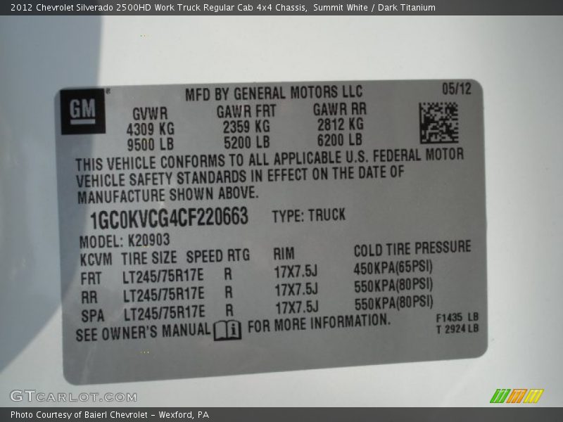 Summit White / Dark Titanium 2012 Chevrolet Silverado 2500HD Work Truck Regular Cab 4x4 Chassis
