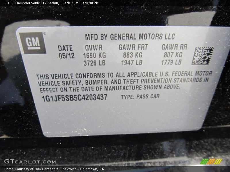 Black / Jet Black/Brick 2012 Chevrolet Sonic LTZ Sedan