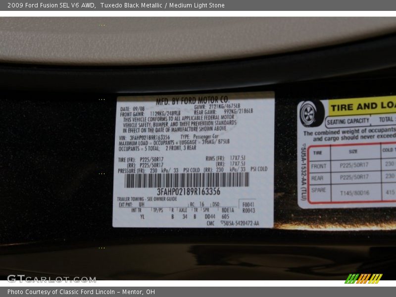 2009 Fusion SEL V6 AWD Tuxedo Black Metallic Color Code UH
