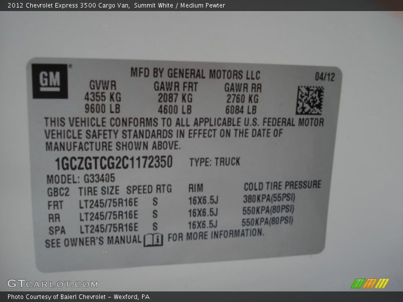 Summit White / Medium Pewter 2012 Chevrolet Express 3500 Cargo Van