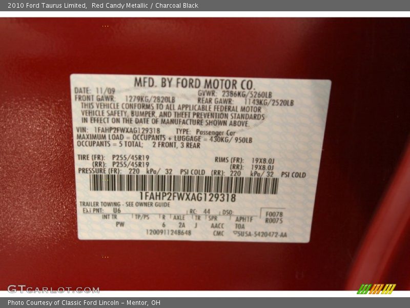 Red Candy Metallic / Charcoal Black 2010 Ford Taurus Limited