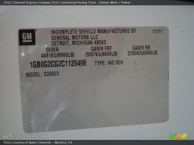 Summit White / Pewter 2012 Chevrolet Express Cutaway 3500 Commercial Moving Truck