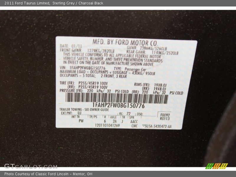 Sterling Grey / Charcoal Black 2011 Ford Taurus Limited