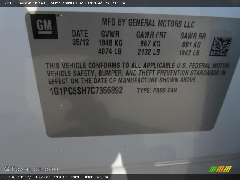 Summit White / Jet Black/Medium Titanium 2012 Chevrolet Cruze LS