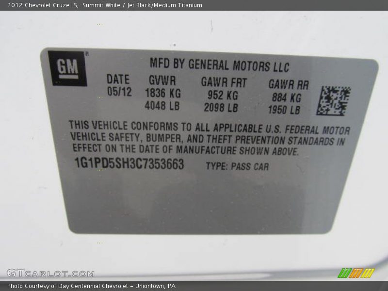 Summit White / Jet Black/Medium Titanium 2012 Chevrolet Cruze LS